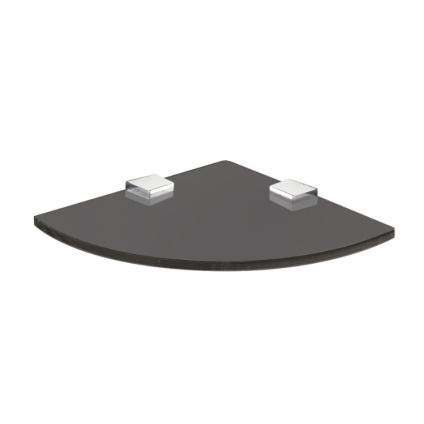 Product Cut out image of the Origins Living Pier Black Glass Corner Shelf with chrome brackets
